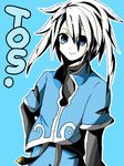  1boy blue_eyes genis_sage genius_sage male male_focus monochrome simple_background solo spot_color tales_of_(series) tales_of_symphonia white_hair 