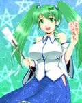  alternate_hairstyle breasts detached_sleeves genjuu_rou green_eyes green_hair hair_ornament huge_breasts kochiya_sanae pentagram solo touhou twintails 