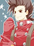  1boy brown_eyes brown_hair gloves lloyd_irving male male_focus short_hair simple_background solo tales_of_(series) tales_of_symphonia 