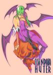  animal_print bad_id bad_pixiv_id bat_print bat_wings demon_girl elbow_gloves engrish gloves green_eyes green_hair head_wings legs long_hair long_legs morrigan_aensland pantyhose print_legwear purple_wings ranguage ryota-h solo succubus thighs vampire_(game) wings 