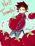  1boy brown_eyes brown_hair gloves lloyd_irving male male_focus short_hair solo tales_of_(series) tales_of_symphonia tomato 