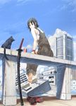  barefoot black_eyes black_hair building can cat city day feet katana original overalls railing ruins scabbard sheath shoes sitting sky solo sword wakou_tamahagane water weapon 