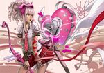  aro_(charged_time_out) bad_id bad_pixiv_id bow_(weapon) drill_hair green_eyes heart necktie open_mouth original pink_hair pleated_skirt ribbon school_uniform sidelocks skirt solo weapon wings wristband 