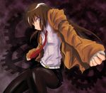  blue_eyes brown_hair gears jacket long_hair makise_kurisu pantyhose shorts solo steins;gate wakki 