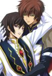  brown_hair code_geass gem green_eyes kururugi_suzaku lelouch_lamperouge male_focus multiple_boys purple_eyes takasato_michi yaoi 