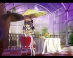  bad_id bad_pixiv_id barefoot bat_wings checkered checkered_floor conservatory hat hidebo letterboxed parasol purple_hair red_eyes remilia_scarlet short_hair solo touhou tray umbrella vanishing_point wings 