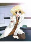  absurdres blonde_hair earrings highres hoop_earrings jewelry labcoat lyrical_nanoha mahou_shoujo_lyrical_nanoha mahou_shoujo_lyrical_nanoha_strikers okuda_yasuhiro open_mouth pantyhose purple_eyes shamal syringe tan_pantyhose violet_eyes 