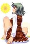  bad_id bad_pixiv_id barefoot dress_shirt flower from_behind green_hair hands kazami_yuuka looking_back plaid plaid_skirt plaid_vest red_eyes shirt short_hair sitting skirt skirt_set solo sunflower touhou umekichi vest white_background 