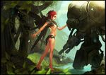  barefoot copyright_request forest marc_brunet mecha nature overgrown red_hair solo 