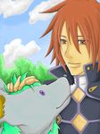  cloud clouds kratos_aurion male male_focus noishe red_eyes red_hair redhead short_hair sky smile solo tales_of_(series) tales_of_symphonia tree trees 