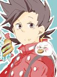  1boy brown_eyes brown_hair food lloyd_irving male male_focus solo tales_of_(series) tales_of_symphonia 