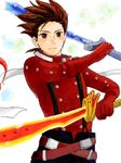  1boy brown_eyes brown_hair buttons lloyd_irving male male_focus short_hair solo sword tales_of_(series) tales_of_symphonia weapon white_background 