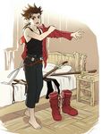  barefoot bed bed_sheet boots brown_eyes brown_hair dressing knee_boots lloyd_irving looking_at_viewer male_focus pillow red_shirt sheath sheathed shimabara shirt solo sword tales_of_(series) tales_of_symphonia weapon 