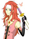  1boy blue_eyes headband long_hair male male_focus red_hair redhead simple_background solo sword tales_of_(series) tales_of_symphonia weapon white_background zelos_wilder 