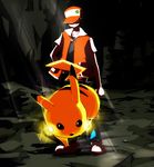  baseball_cap cave dai_(mebae16) electricity gen_1_pokemon hat male_focus pikachu pokemon pokemon_(creature) pokemon_(game) pokemon_gsc pokemon_rgby red_(pokemon) red_(pokemon_rgby) sunlight 