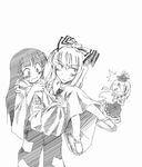  bad_id bad_pixiv_id blush carrying chibi fujiwara_no_mokou greyscale hair_ribbon hat houraisan_kaguya kada_(pixiv) kamishirasawa_keine monochrome multiple_girls princess_carry ribbon surprised sweatdrop touhou 