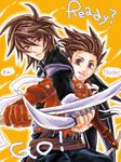  2boys age_difference brown_eyes brown_hair father_and_son fingerless_gloves gloves kratos_aurion lloyd_irving male male_focus multiple_boys short_hair solo sword tales_of_(series) tales_of_symphonia weapon 