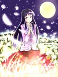  black_hair branch full_moon glowing highres houraisan_kaguya japanese_clothes long_hair looking_at_viewer moon petals purple_eyes sakura_ani solo touhou 