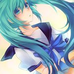  aqua_eyes aqua_hair blush hatsune_miku long_hair mukkun school_uniform serafuku solo twintails vocaloid 