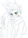  1boy blush earmuffs lloyd_irving male male_focus partially_colored short_hair sketch snow solo tales_of_(series) tales_of_symphonia 