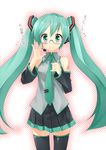  bespectacled blush detached_sleeves glasses green_eyes green_hair hatsune_miku long_hair necktie pino_(birthdayparty) skirt smile solo thighhighs translated twintails very_long_hair vocaloid zettai_ryouiki 