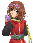  1girl book brown_hair female goggles green_eyes rita_mordio short_hair simple_background solo tales_of_(series) tales_of_vesperia white_background 