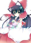  animal_ears black_hair bouquet bow brown_eyes cat_ears detached_sleeves flower hair_bow hakurei_reimu kemonomimi_mode kurata_yumi long_hair solo touhou 