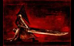  bubble_head_nurse great_knife helmet highres huge_weapon itou_masahiro male_focus monster nurse_(silent_hill) official_art pyramid_head silent_hill:_homecoming silent_hill_2 solo sword wallpaper weapon 