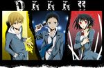  2boys black_hair blonde_hair blue_eyes bob_cut breasts cellphone column_lineup durarara!! glasses glowing glowing_eyes highres kida_masaomi large_breasts lights multiple_boys phone red_eyes ryuugamine_mikado scarf school_uniform short_hair sonohara_anri sword weapon wool_(kurokrkr) yellow_eyes 