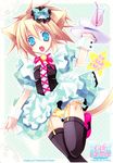  absurdres animal_ears black_legwear blue_eyes blush cat_ears cat_tail drink fang garters highres mochizuki_nana original panties side-tie_panties solo tail thighhighs tray underwear waitress wrist_cuffs 