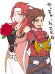  2boys artist_request blue_eyes brown_eyes brown_hair flower headband lloyd_irving long_hair male male_focus multiple_boys oekaki one_eye_closed red_hair redhead rose short_hair suspenders tales_of_(series) tales_of_symphonia text wink zelos_wilder 