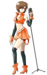  brown_hair daigoman fingerless_gloves full_body gloves high_heels meiko microphone microphone_stand orange_(color) shoes short_hair shorts simple_background skirt solo standing vocaloid 