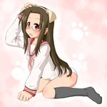  all_fours animal_ears black_hair blush dog_ears feet glasses kemonomimi_mode kneehighs long_hair lucky_star no_pants panties pink_neckwear red_eyes ryouou_school_uniform ryuunosuke_(luckyneco) school_uniform serafuku socks solo tamura_hiyori underwear 