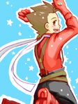  1boy blush boots brown_eyes brown_hair gloves jump jumping lloyd_irving male male_focus oekaki short_hair smile solo star stars tales_of_(series) tales_of_symphonia 