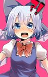  1girl bad_id bad_pixiv_id blue_eyes blue_hair blush bow bowtie cirno close-up hair_bow highres large_bow open_mouth pun2 ribbon short_hair simple_background solo surprised sweatdrop touhou wings 