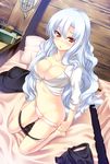  barefoot bed breasts cleavage gun hat ichijou_hitoshi kneeling large_breasts long_hair original panties red_eyes silver_hair sleeves_rolled_up solo underwear undressing weapon 