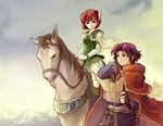  1girl bad_id bad_pixiv_id bob_cut cape cloak elbow_gloves erk_(fire_emblem) fire_emblem fire_emblem:_rekka_no_ken gloves guttary horse horseback_riding map priscilla_(fire_emblem) red_hair riding short_hair 