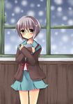  bangs brown_eyes cardigan glasses grey_hair kazane_mari kita_high_school_uniform nagato_yuki school_uniform serafuku short_hair snow solo suzumiya_haruhi_no_shoushitsu suzumiya_haruhi_no_yuuutsu window 