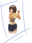  amagami arms_up asymmetrical_clothes back black_eyes black_hair character_name denim denim_shorts dimples_of_venus from_behind halter_top halterneck looking_at_viewer looking_back nanasaki_ai one-piece_tan short_hair shorts sideways_mouth simple_background smile solo tamago_(yotsumi_works) tan tanline white_background 