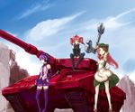  ahoge apron beret caterpillar_tracks day detached_sleeves drill_hair green_eyes ground_vehicle hair_ornament hairclip hat headphones kasane_teto long_hair metabo_(hata_kichi) metal_max military military_vehicle momone_momo motor_vehicle multiple_girls necktie on_vehicle pink_hair purple_hair red_eyes red_hair rocket_launcher rpg rpg-7 ruins short_hair sitting skirt sky smile tank thighhighs twin_drills twintails utane_uta utau weapon wrench zettai_ryouiki 