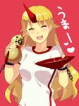  alcohol bad_id bad_pixiv_id blonde_hair blush bottle breasts closed_eyes cuffs cup garigarigari gourd highres horn hoshiguma_yuugi long_hair medium_breasts open_mouth sakazuki sake shirt smile solo t-shirt touhou 