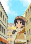  bad_id bad_pixiv_id bag banzai_nekomimi black_hair bread brown_eyes flower food hair_flower hair_ornament head_wreath paper_bag scenery short_hair solo to_aru_kagaku_no_railgun to_aru_majutsu_no_index uiharu_kazari 