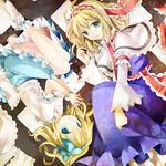  alice_margatroid alice_margatroid_(pc-98) bad_id bad_pixiv_id blonde_hair blue_eyes blue_hairband bow dress hair_bow hairband long_sleeves lying multiple_girls on_side ringpearl short_hair short_sleeves socks time_paradox touhou touhou_(pc-98) upside-down white_legwear 