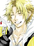  1boy blonde_hair earrings eyes_closed final_fantasy final_fantasy_x gloves jewelry male male_focus necklace short_hair smile solo thumbs_up tidus 