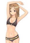  :o armpits arms_up belt bikini blush breasts brown_eyes brown_hair cleavage collarbone cowboy_shot front-tie_top long_hair medium_breasts muffin_(sirumeria) navel open_mouth original short_hair skinny solo swimsuit 