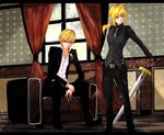  1girl artoria_pendragon_(all) blonde_hair earrings excalibur fate/stay_night fate/zero fate_(series) formal gilgamesh green_eyes jewelry necklace pant_suit ponytail red_eyes saber sakura_shounen_(hiroz) suit sword vest waistcoat weapon window 