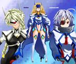  3girls arc_system_works bare_shoulders blazblue blonde_hair blue_eyes braid cape eyepatch headdress lambda lambda-11 mu-12 multiple_girls nail_polish nu-13 single_braid toeless_socks 