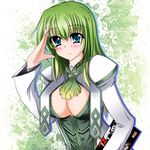  blue_eyes blush border_break breasts cleavage fiona_(border_break) green_hair highres long_hair smile 