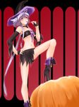  bandeau blue_eyes boots breasts cleavage front-tie_top hair_ornament halloween hat heterochromia high_heels lavender_hair lavolpe_(yagisaka_seto) long_hair midriff navel original ponytail pumpkin purple_eyes shoes sidelocks small_breasts solo very_long_hair witch witch_hat yagisaka_seto 