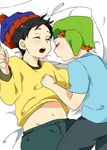  2boys beanie bed black_hair blush earflap_hat eyes_closed hat hat_pompom kyle_broflovski lying multiple_boys navel on_back open_mouth red_hair saliva shirt short_hair sleeping south_park stan_marsh yaoi yellow_shirt 